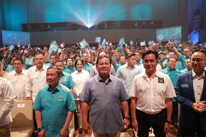 Ketua Umum Partai Gerindra Prabowo Subianto di acara di acara deklarasi Partai Gelora di Djakarta Teater, Jakarta. (Dok. Tim Media Prabowo Subianto)