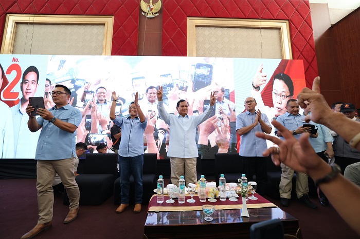 Calon Presiden Prabowo Subianto saat menghadiri konsolidasi dan deklarasi dari Konfederasi Serikat Pekerja Nusantara (KSPN) yang digelar di Bandung, Minggu, 14 Januari 2024. (Dok. TKN Prabowo Gibran)