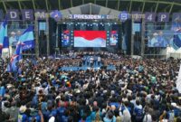 Calon Presiden Prabowo Subianto dalam acara kampanye akbar Partai Demokrat yang diselenggarakan di GOR Gajayana, Malang, Jawa Timur. (Dok. TKN Prabowo - Gibran)
