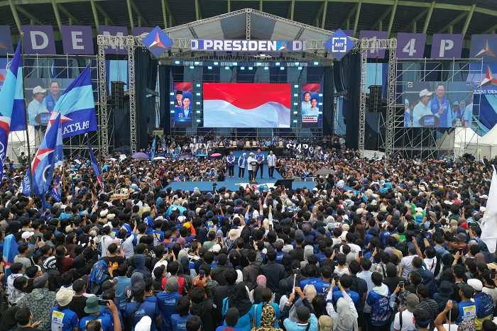 Calon Presiden Prabowo Subianto dalam acara kampanye akbar Partai Demokrat yang diselenggarakan di GOR Gajayana, Malang, Jawa Timur. (Dok. TKN Prabowo - Gibran)